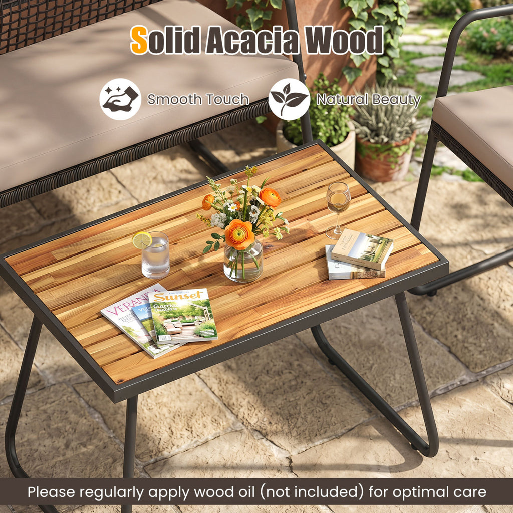 4 Pieces Patio Furniture Set with Acacia Wood Coffee Table and Zippered Cushions-Mix Brown