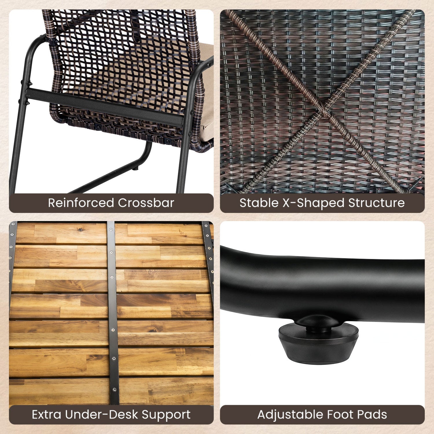 4 Pieces Patio Furniture Set with Acacia Wood Coffee Table and Zippered Cushions-Mix Brown