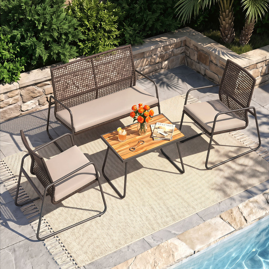 4 Pieces Patio Furniture Set with Acacia Wood Coffee Table and Zippered Cushions-Mix Brown