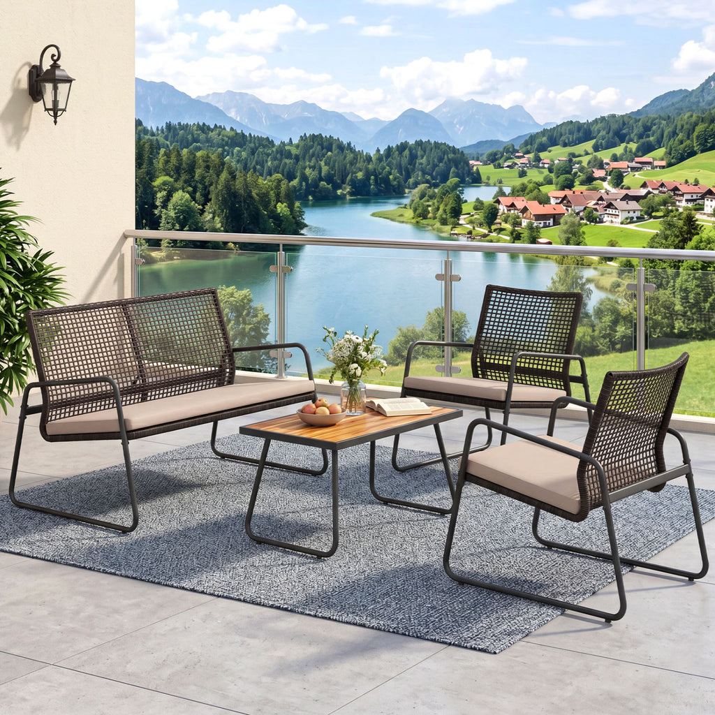 4 Pieces Patio Furniture Set with Acacia Wood Coffee Table and Zippered Cushions-Mix Brown