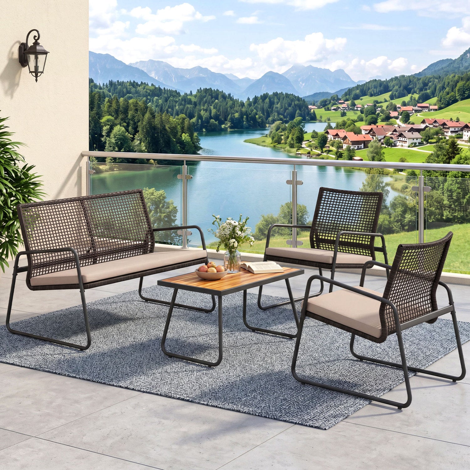 4 Pieces Patio Furniture Set with Acacia Wood Coffee Table and Zippered Cushions-Mix Brown