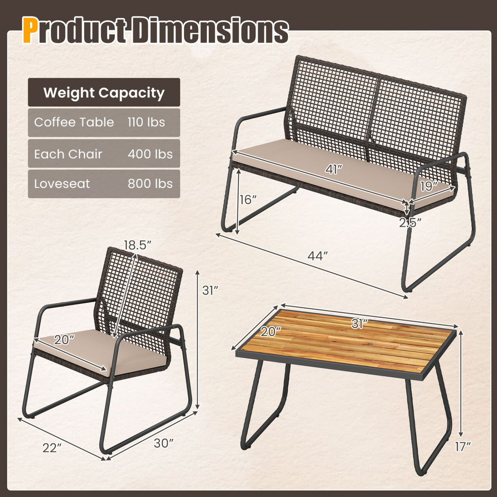 4 Pieces Patio Furniture Set with Acacia Wood Coffee Table and Zippered Cushions-Mix Brown