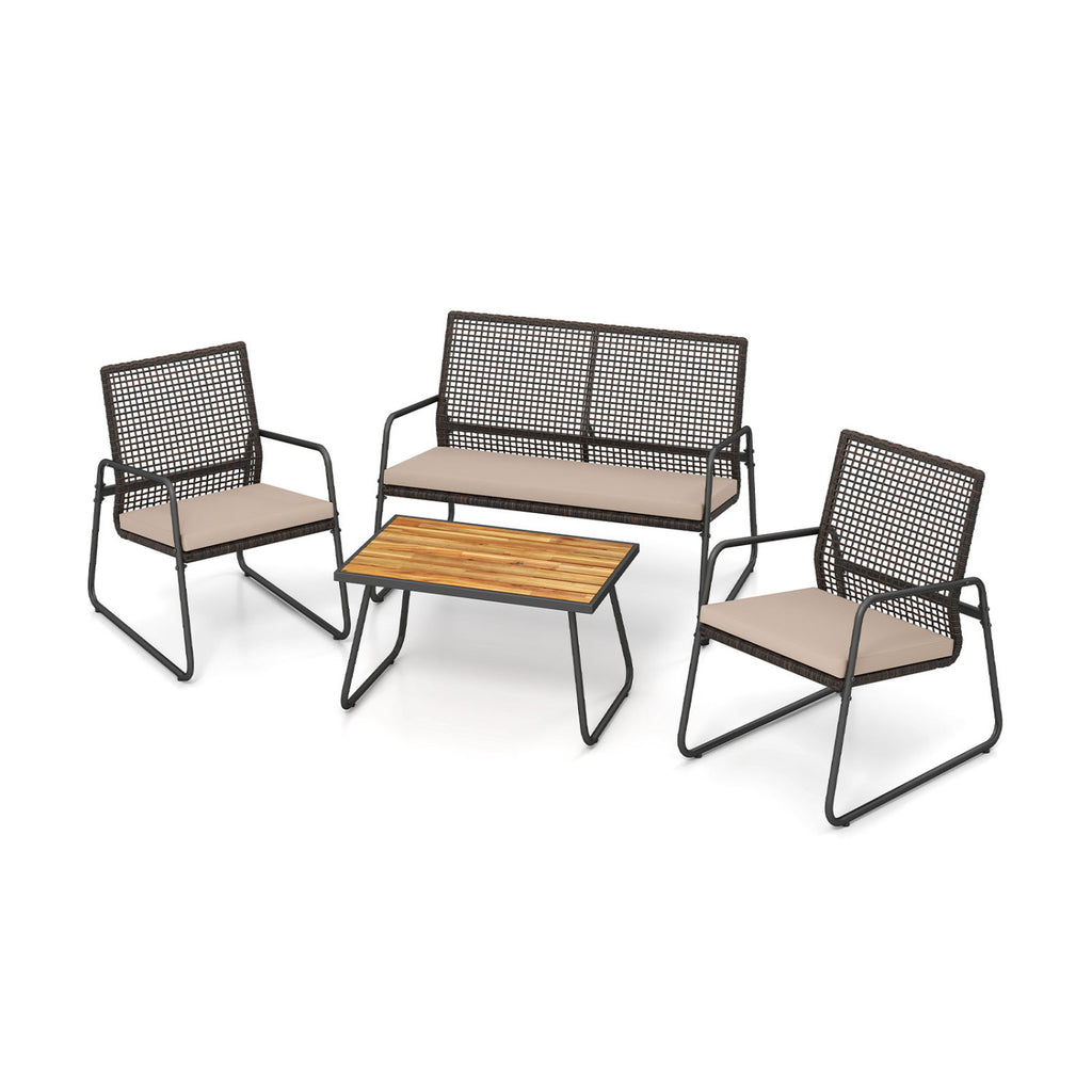 4 Pieces Patio Furniture Set with Acacia Wood Coffee Table and Zippered Cushions-Mix Brown