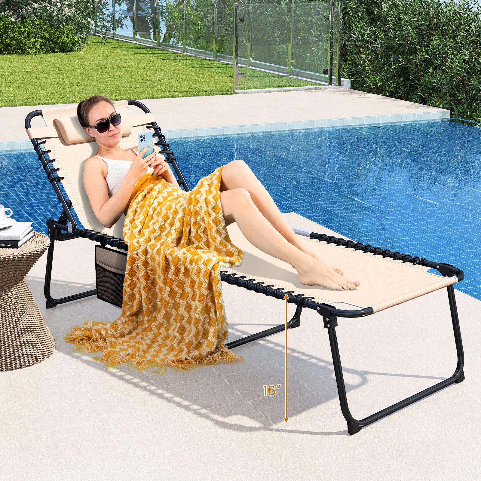 4 Position Folding Lounge Chaise with Adjustable Backrest and Footrest-Beige