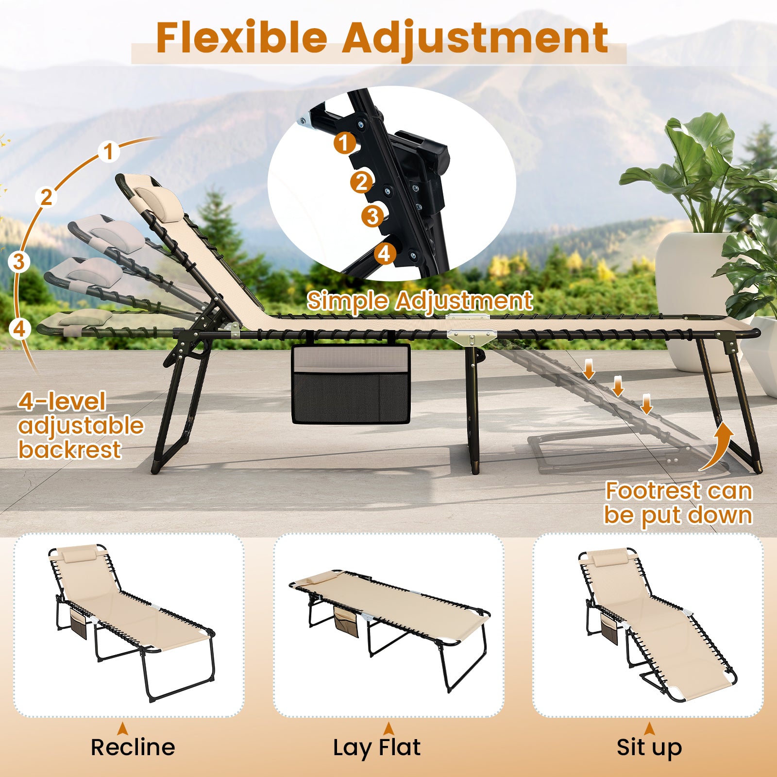 4 Position Folding Lounge Chaise with Adjustable Backrest and Footrest-Beige