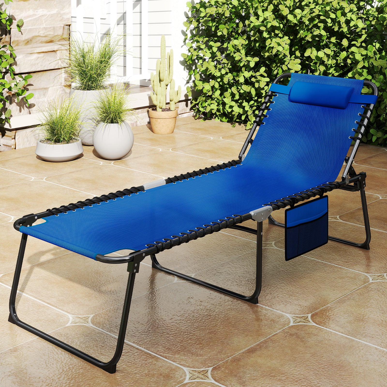 4 Position Folding Lounge Chaise with Adjustable Backrest and Footrest-Navy