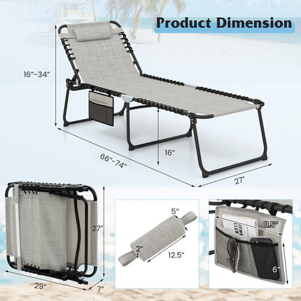 4 Position Folding Lounge Chaise with Adjustable Backrest and Footrest-Gray
