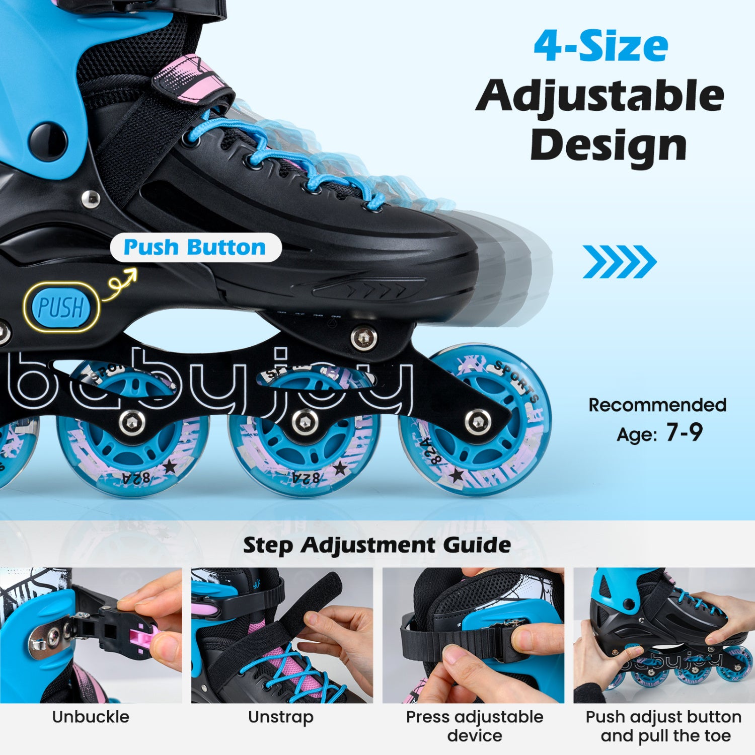 4-Size Adjustable Light-Up Kids Inline Skates for Kids Ages 7-9-Black