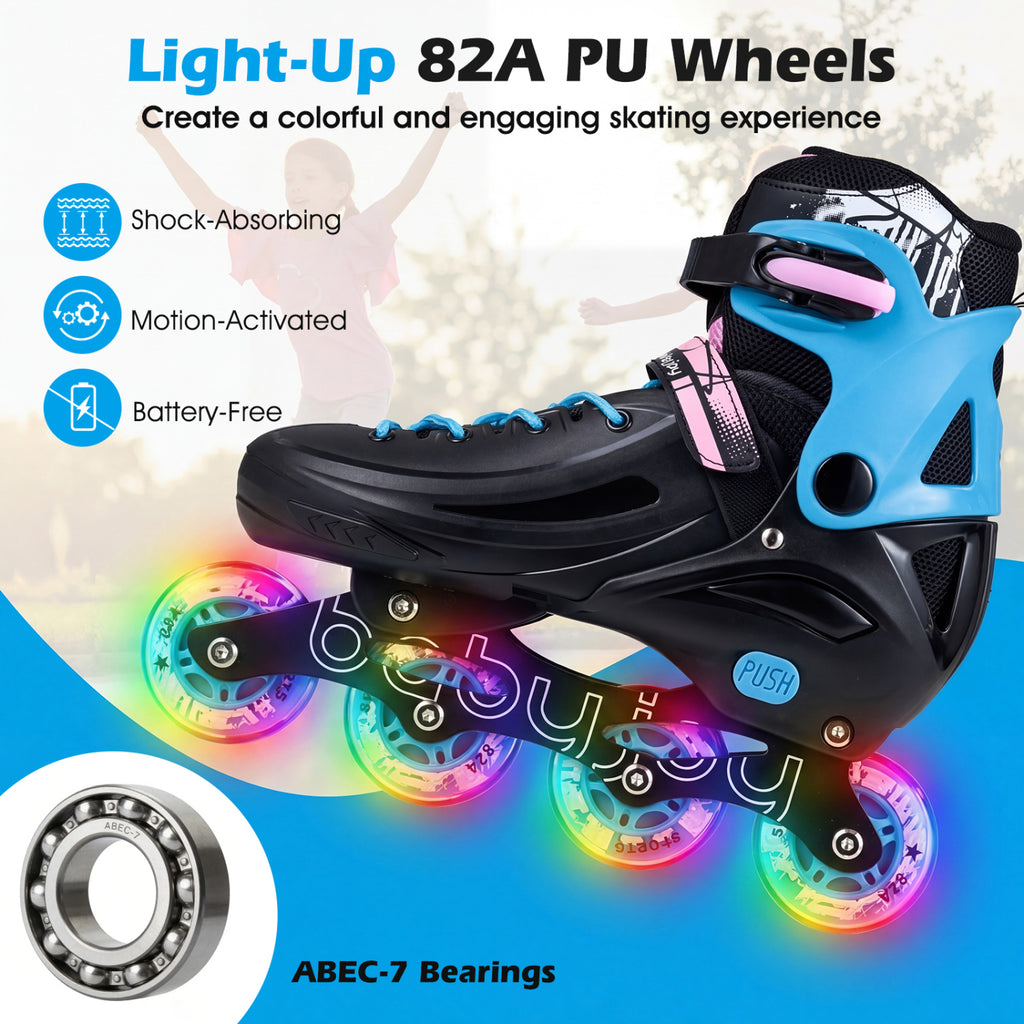 4-Size Adjustable Light-Up Kids Inline Skates for Kids Ages 7-9-Black