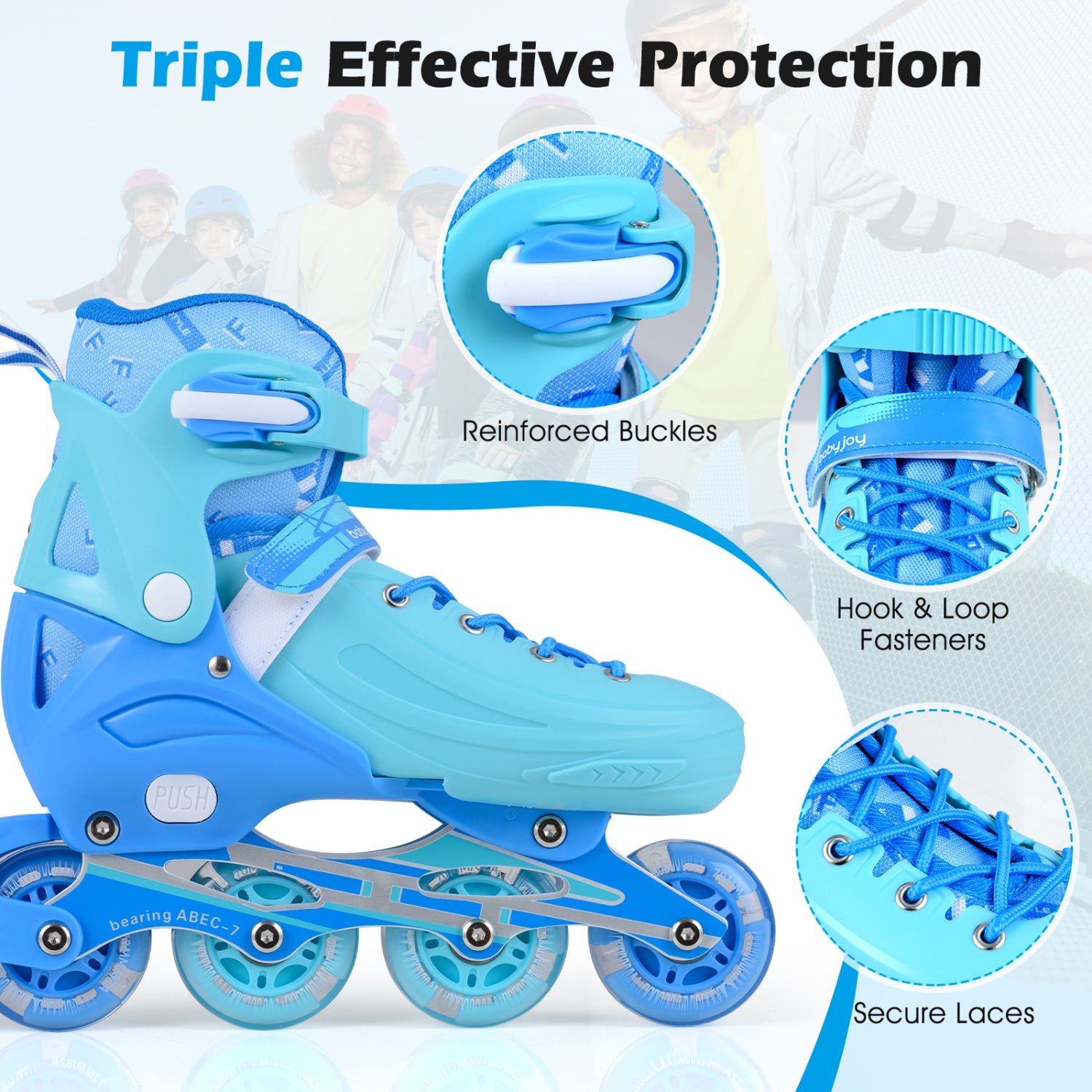 4-Size Adjustable Light-Up Kids Inline Skates for Kids Ages 7-9-Blue