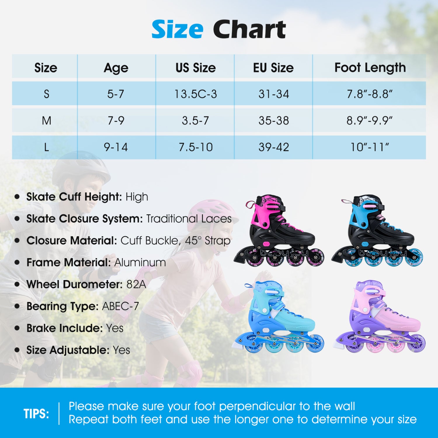 4-Size Adjustable Light-Up Kids Inline Skates for Kids Ages 7-9-Blue