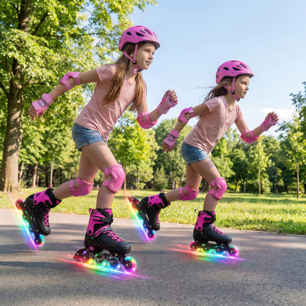 4-Size Adjustable Light-Up Kids Inline Skates for Kids Ages 7-9-Pink
