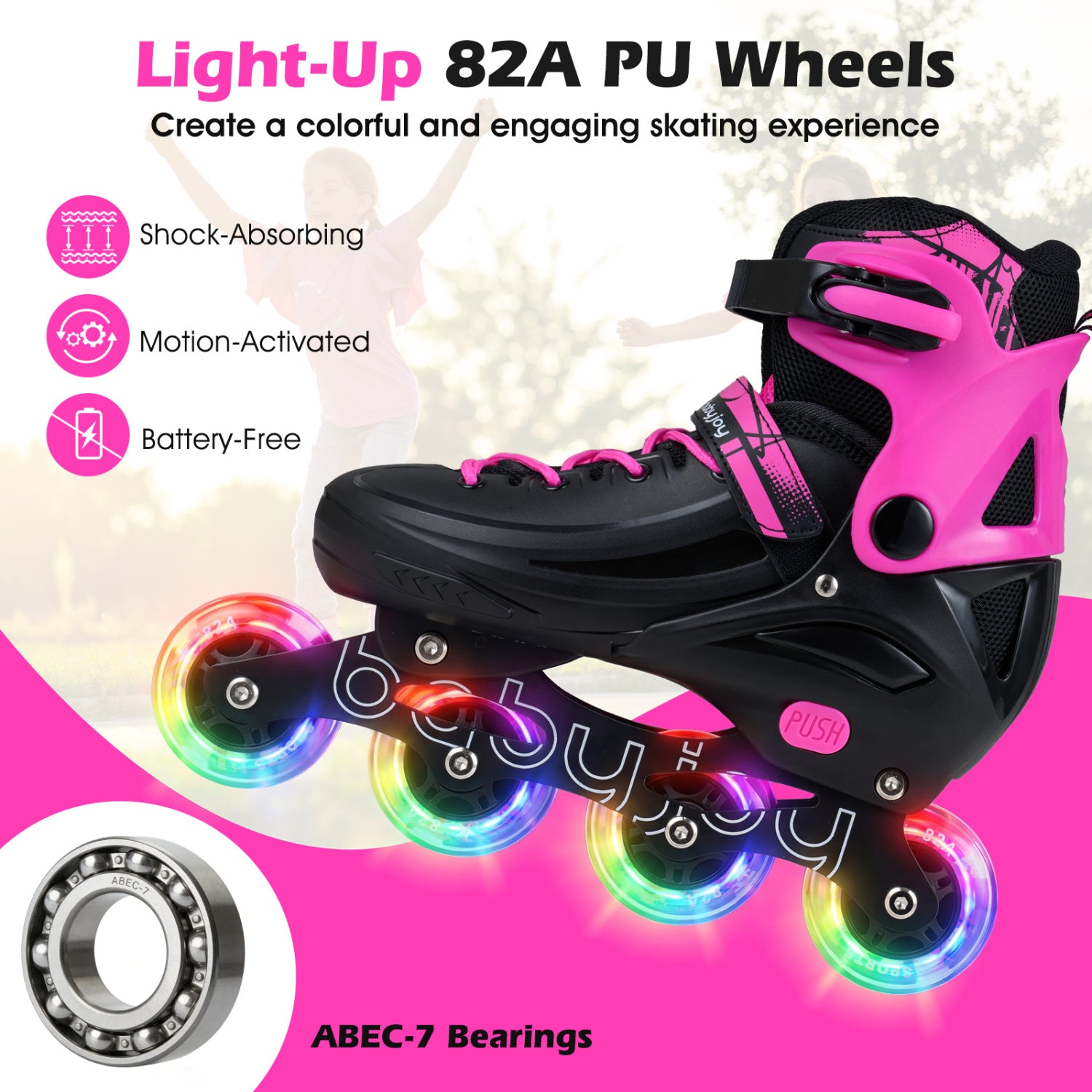 4-Size Adjustable Light-Up Kids Inline Skates for Kids Ages 7-9-Pink