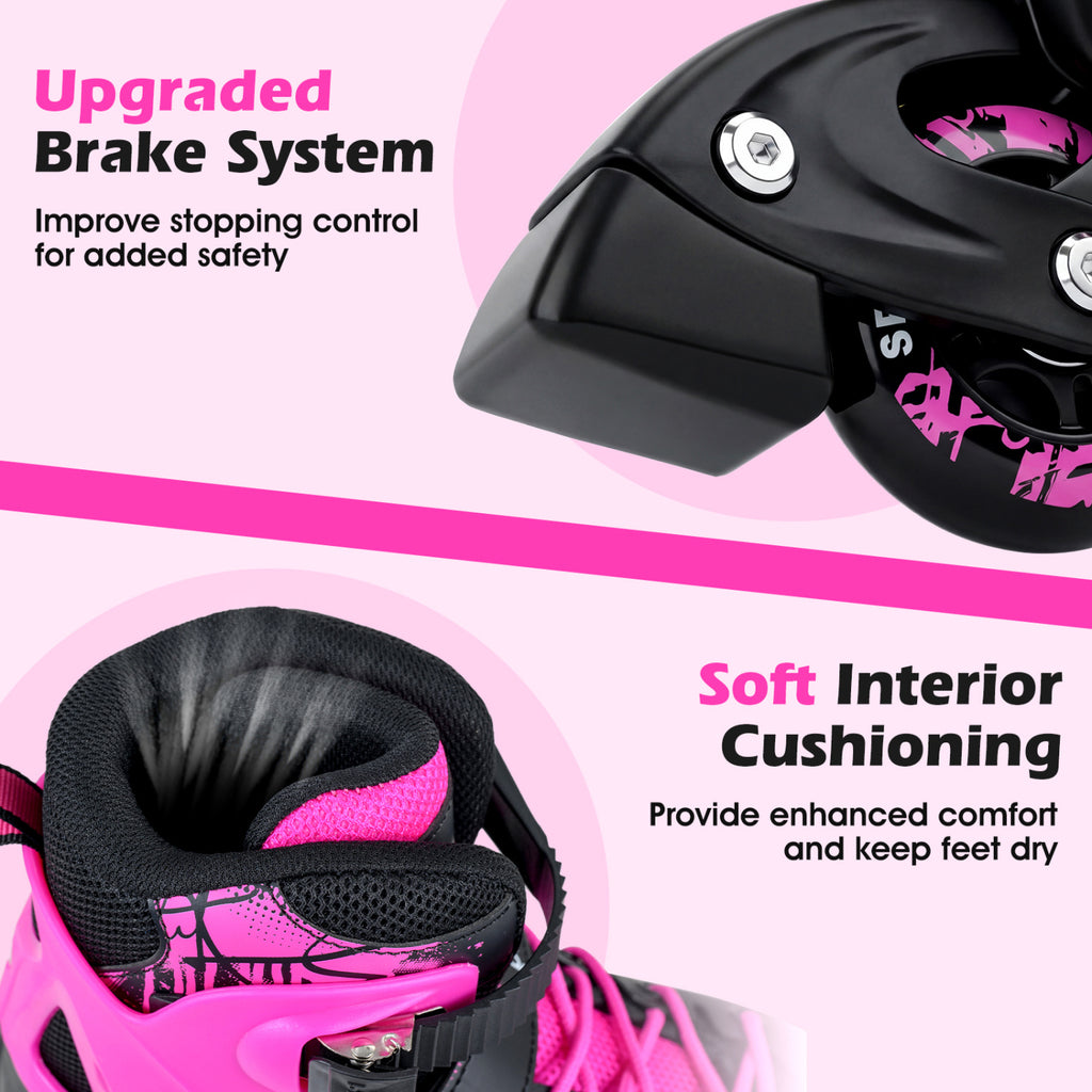 4-Size Adjustable Light-Up Kids Inline Skates for Kids Ages 7-9-Pink