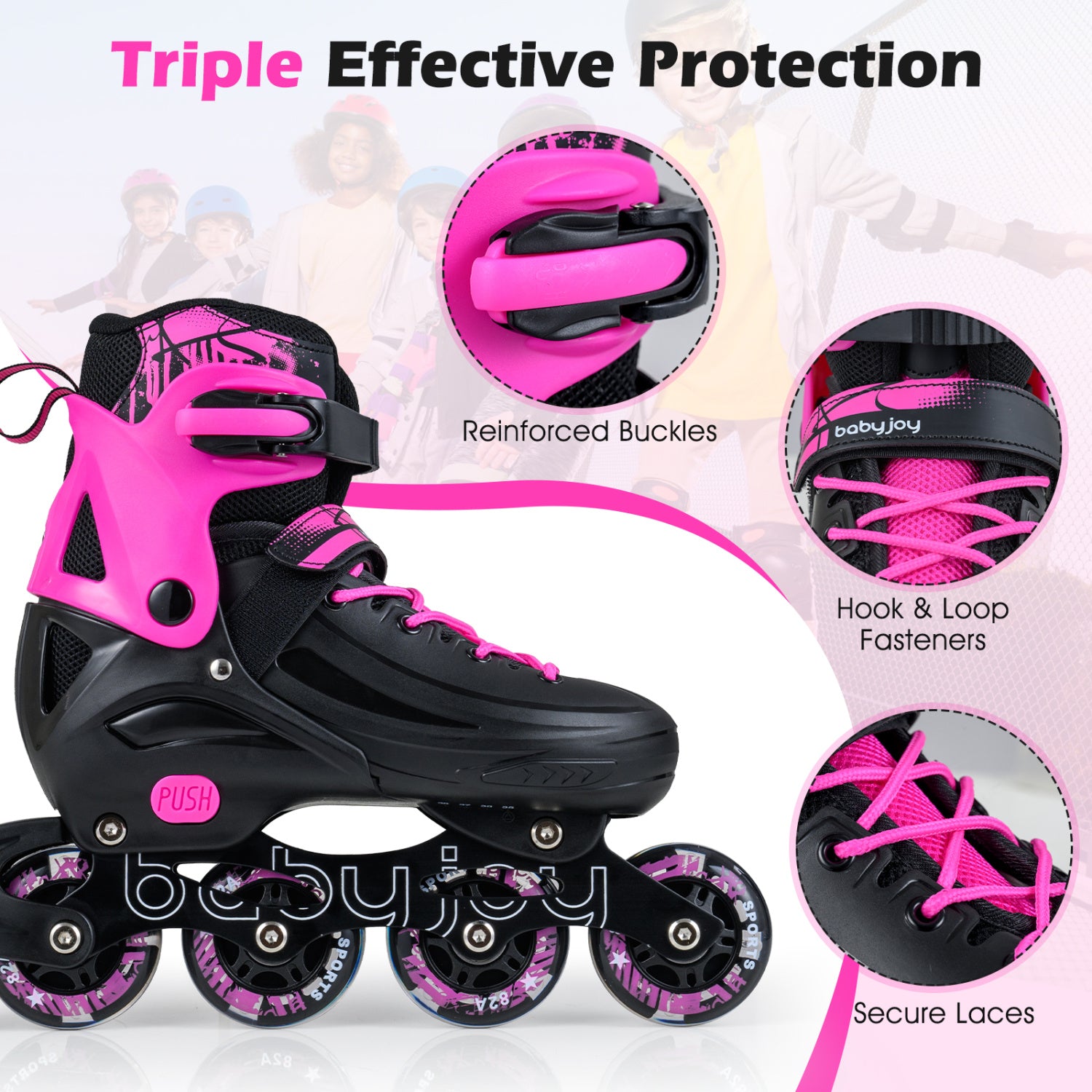 4-Size Adjustable Light-Up Kids Inline Skates for Kids Ages 7-9-Pink