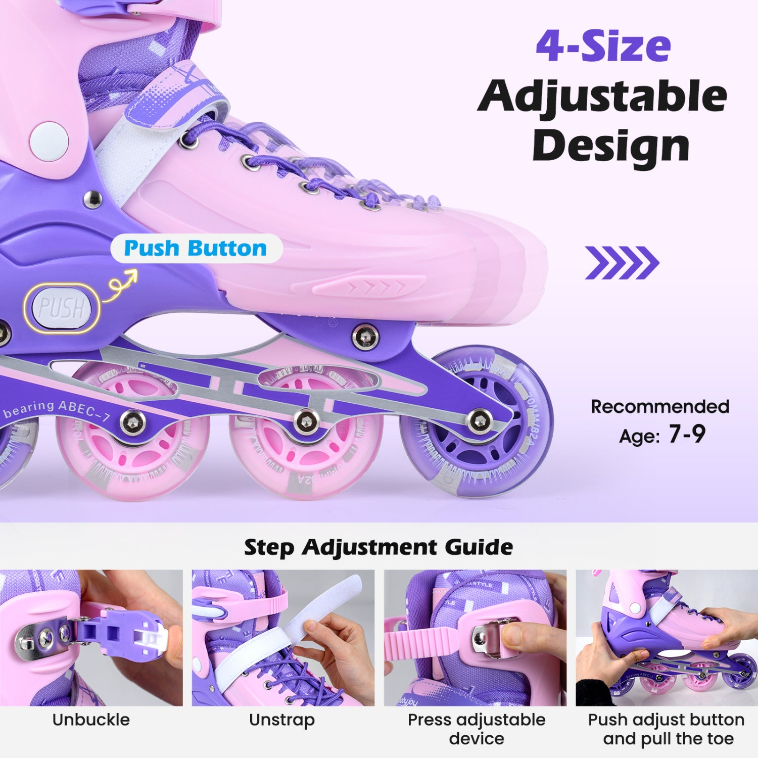 4-Size Adjustable Light-Up Kids Inline Skates for Kids Ages 7-9-Purple