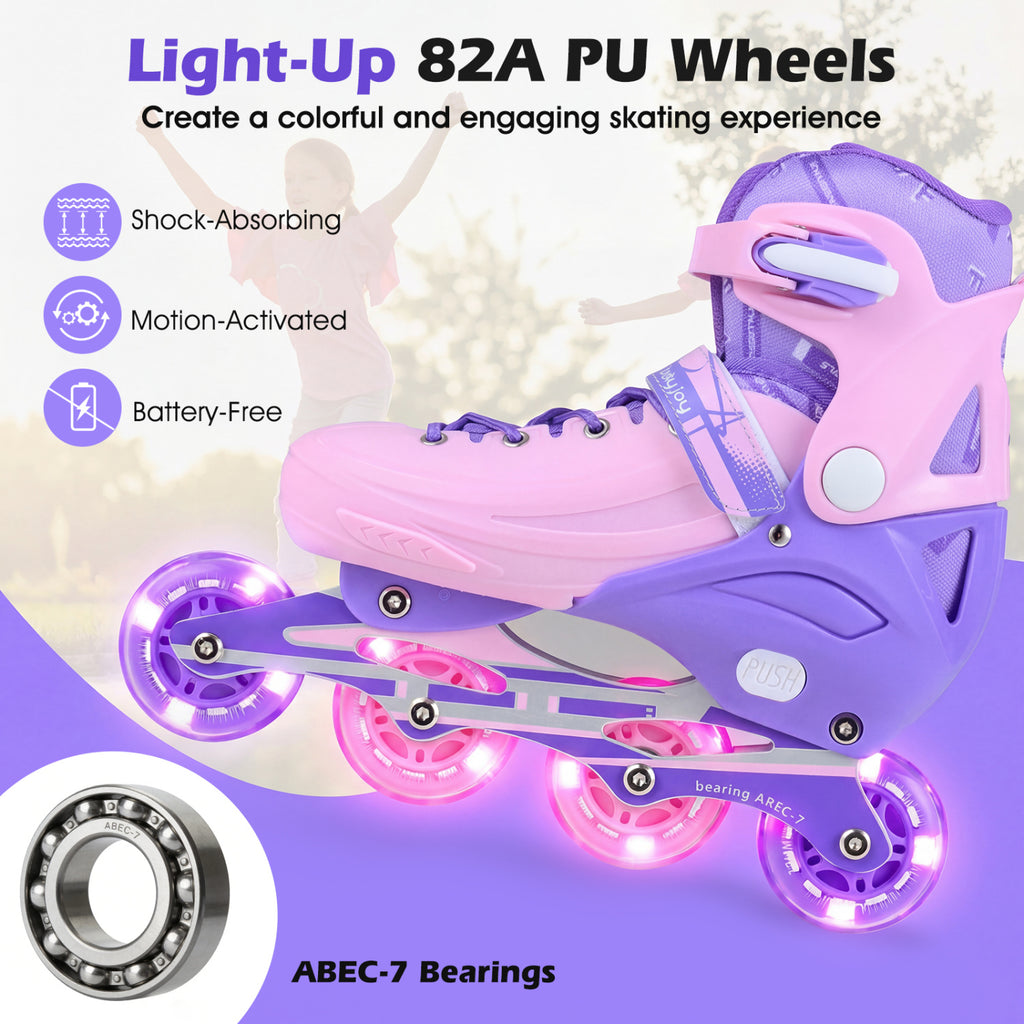 4-Size Adjustable Light-Up Kids Inline Skates for Kids Ages 7-9-Purple