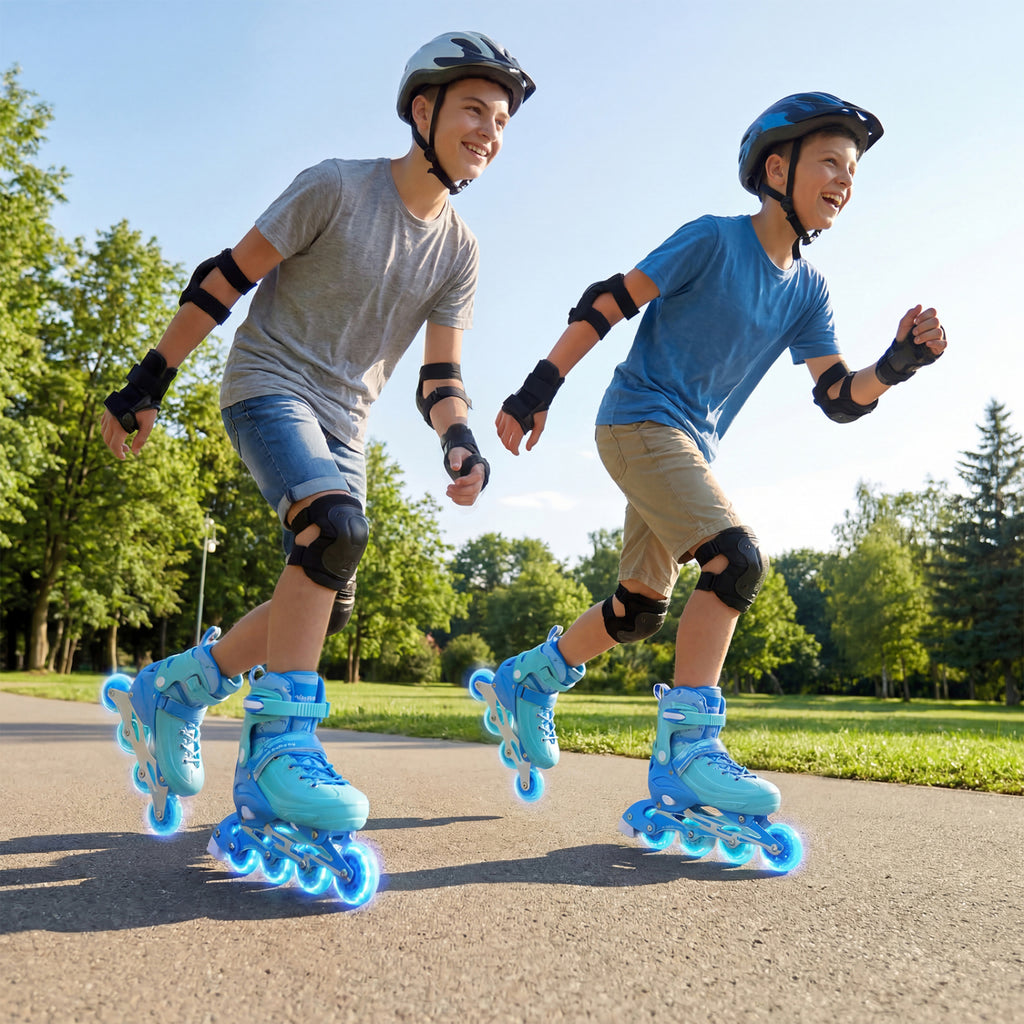 4-Size Adjustable Light-Up Kids Inline Skates for Kids Ages 9-14-Blue