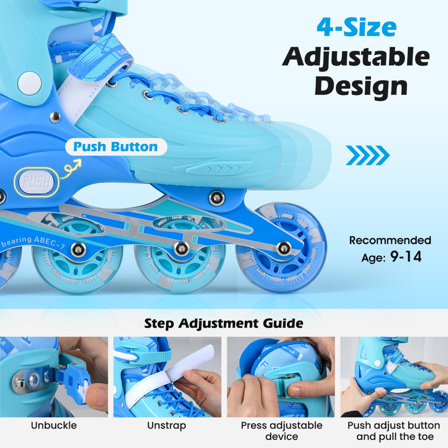 4-Size Adjustable Light-Up Kids Inline Skates for Kids Ages 9-14-Blue