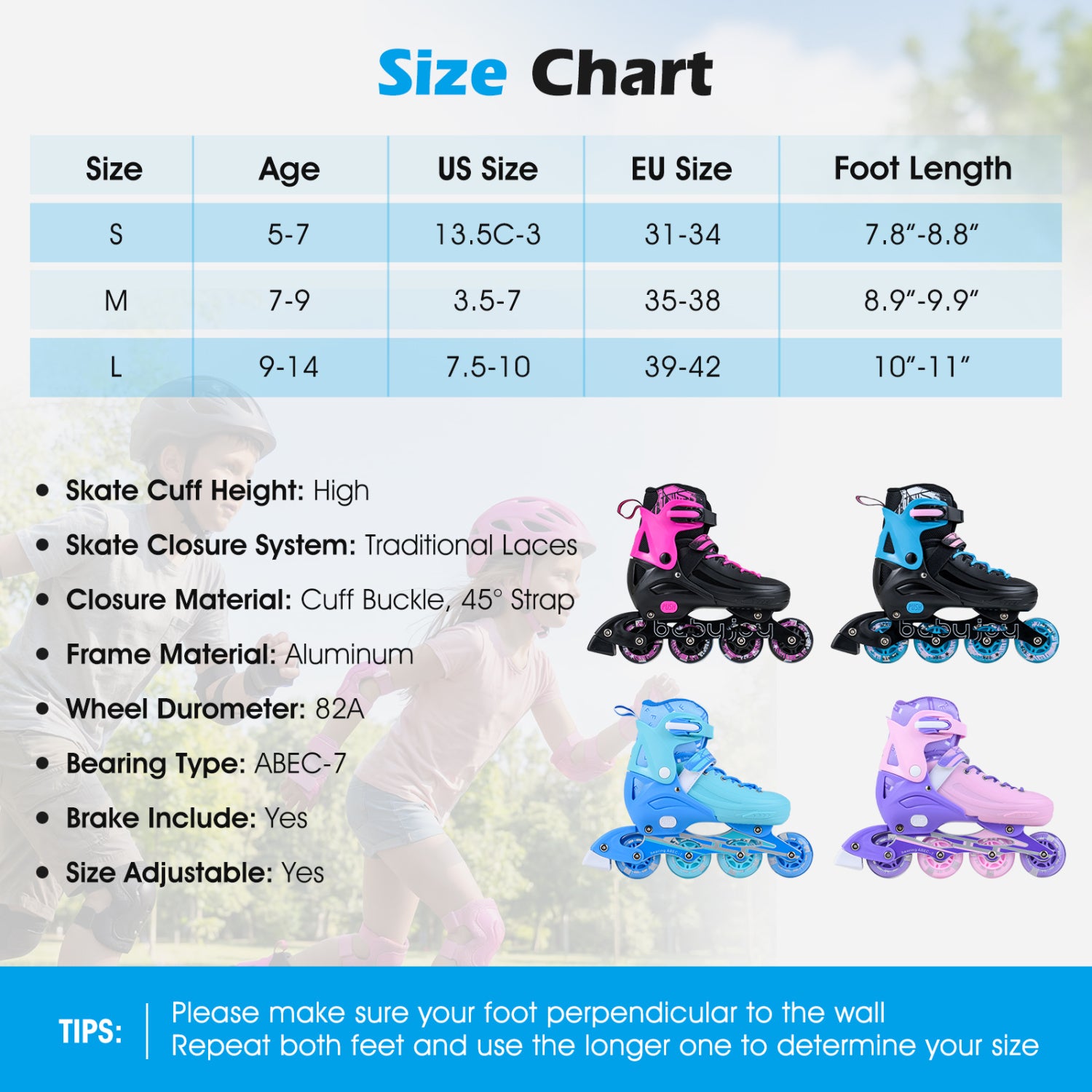 4-Size Adjustable Light-Up Kids Inline Skates for Kids Ages 9-14-Black