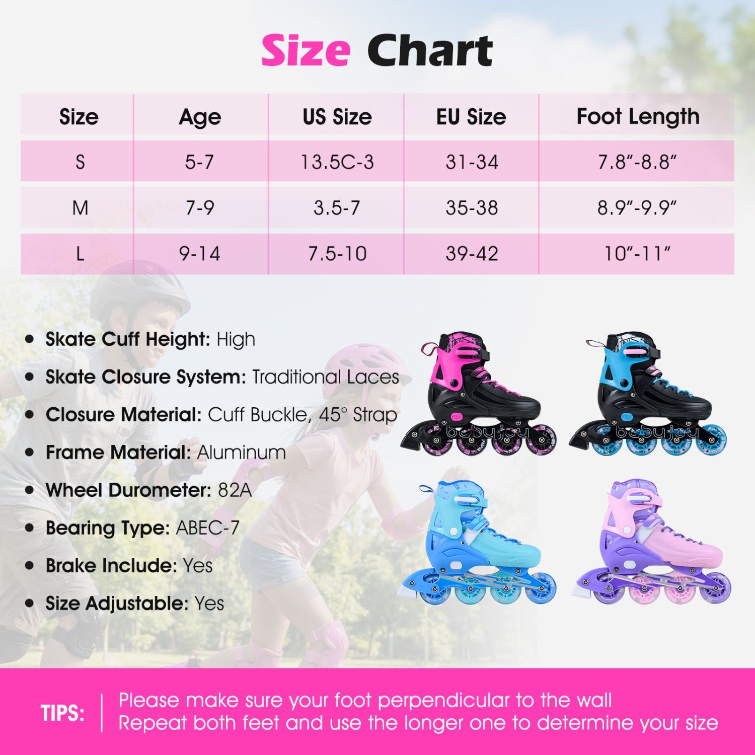 4-Size Adjustable Light-Up Kids Inline Skates for Kids Ages 9-14-Pink