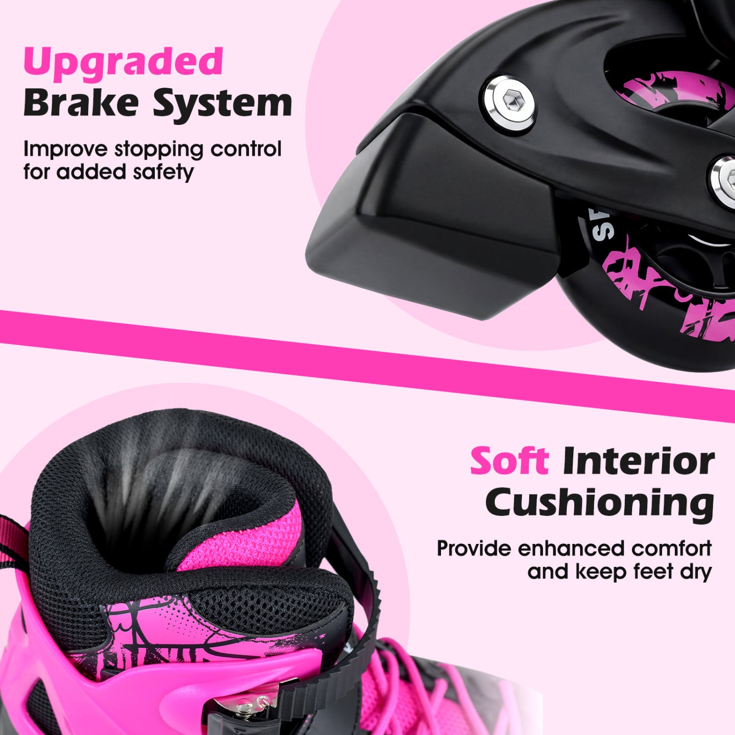 4-Size Adjustable Light-Up Kids Inline Skates for Kids Ages 9-14-Pink