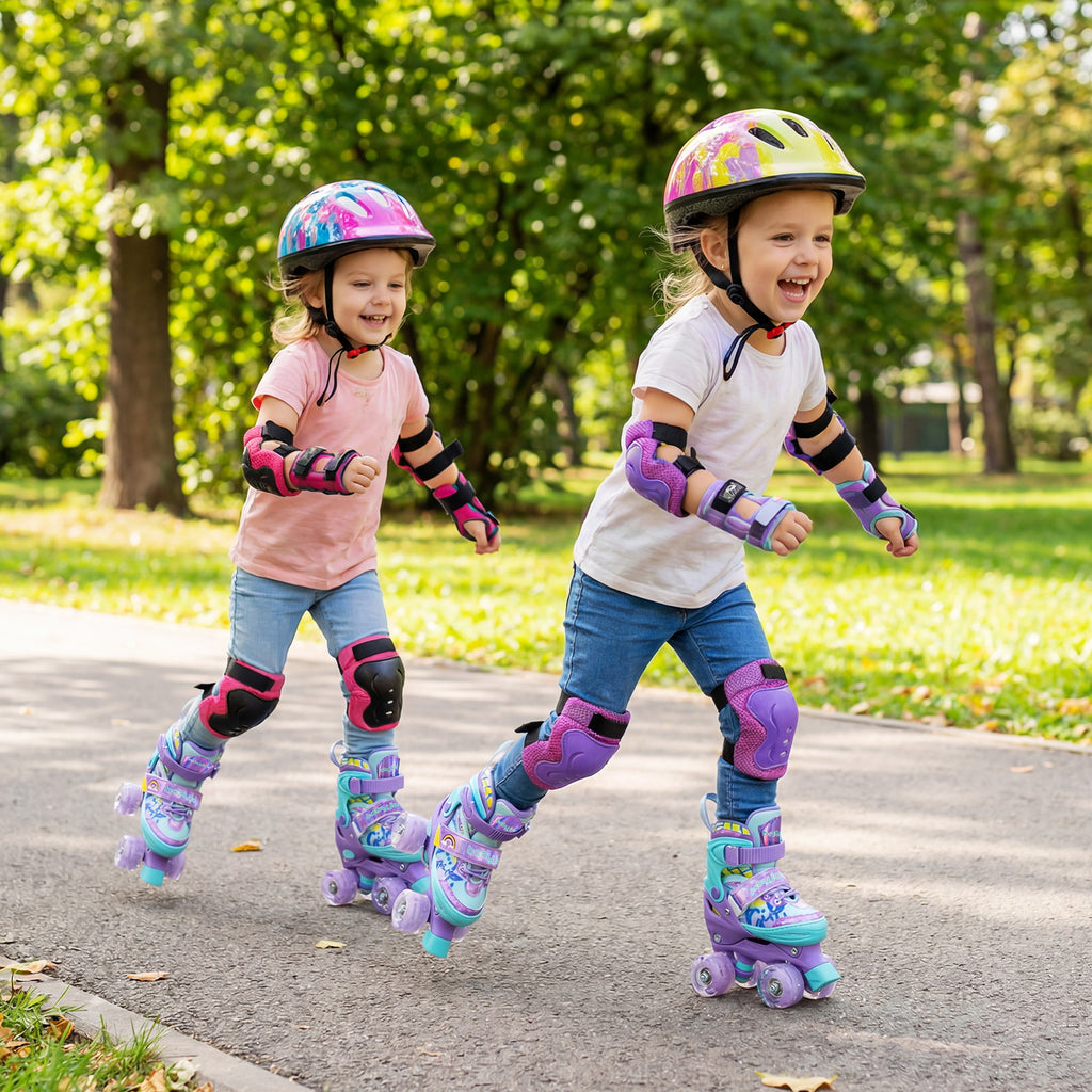 4 Sizes Adjustable  Kids Roller Skates with Light-up Wheels and Safety Protection-Purple