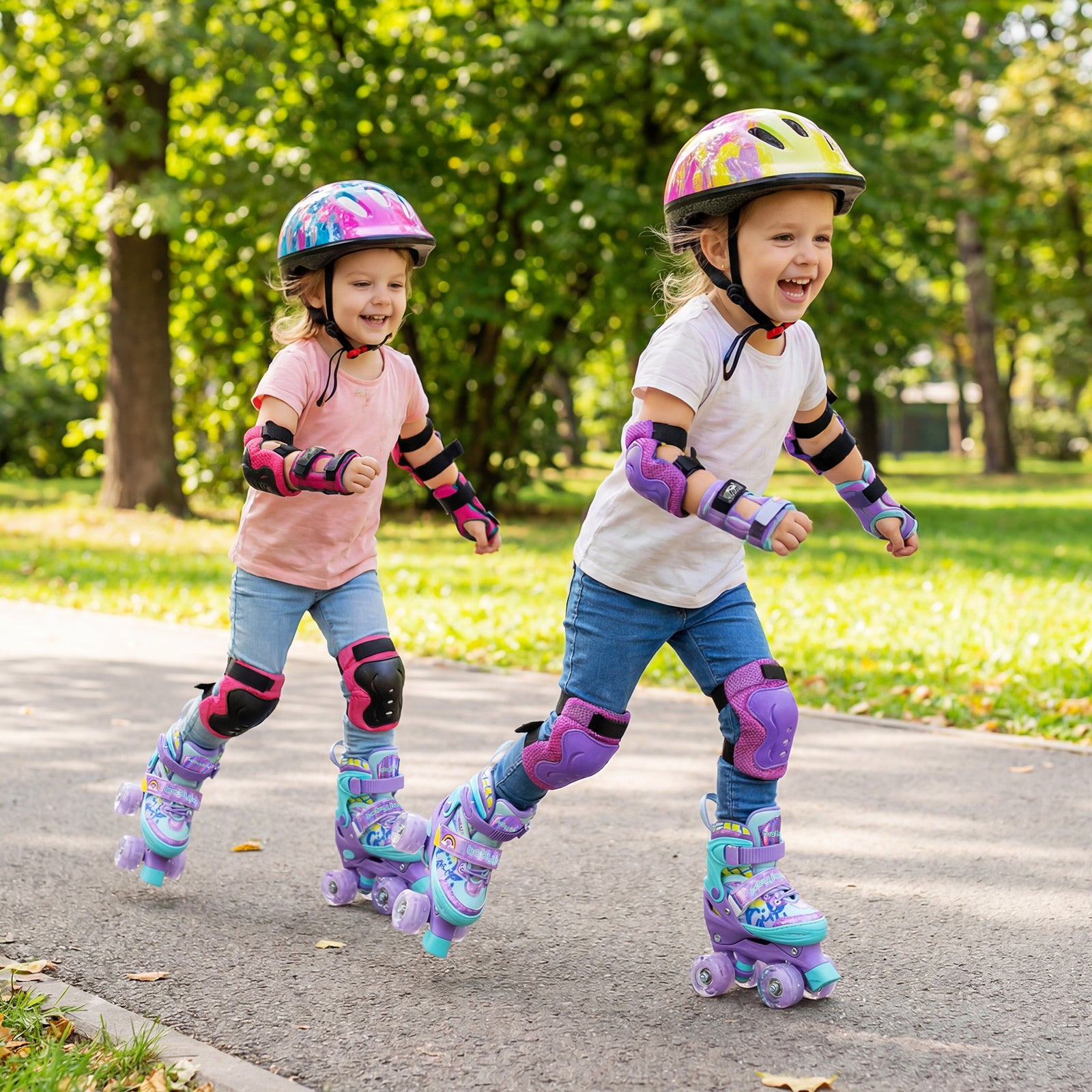 4 Sizes Adjustable  Kids Roller Skates with Light-up Wheels and Safety Protection-Purple