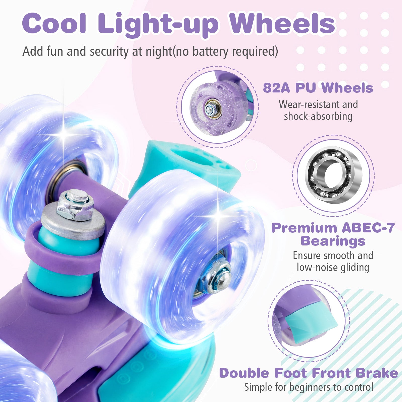 4 Sizes Adjustable  Kids Roller Skates with Light-up Wheels and Safety Protection-Purple