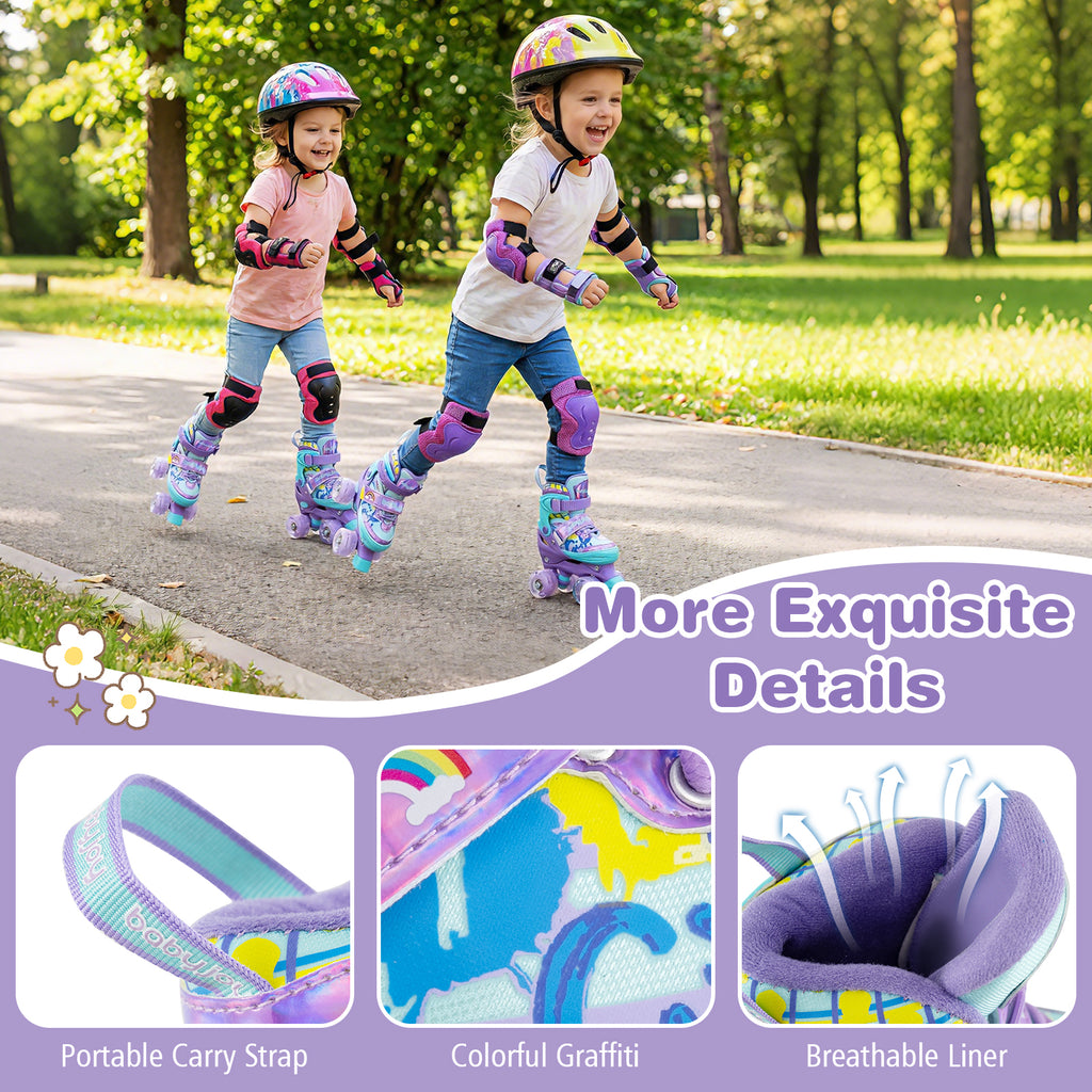 4 Sizes Adjustable  Kids Roller Skates with Light-up Wheels and Safety Protection-Purple