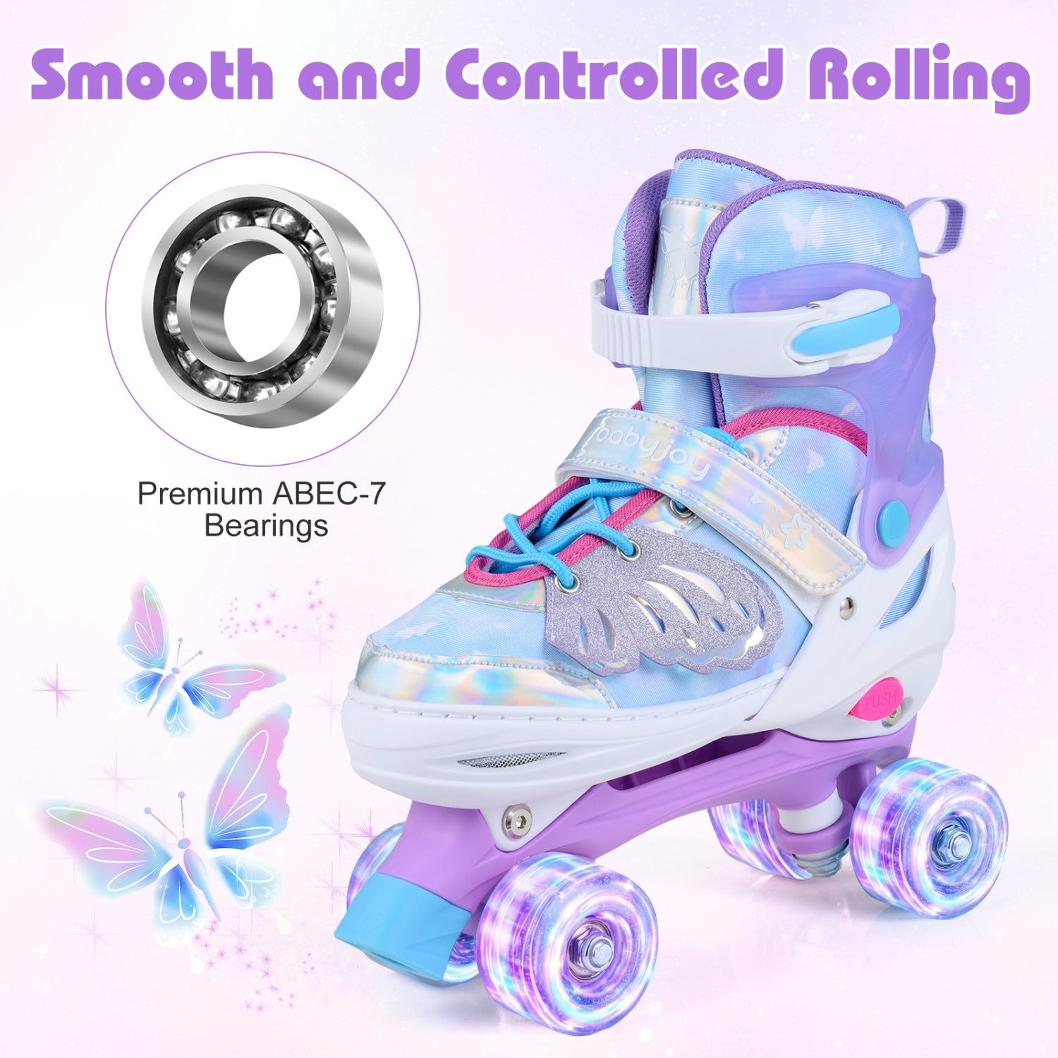 4 Sizes Adjustable Kids Roller Skates for Toddlers Ages 9-14 with 4 Light-up Wheels-Blue