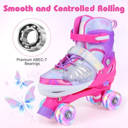 4 Sizes Adjustable Kids Roller Skates for Toddlers Ages 9-14 with 4 Light-up Wheels-Pink
