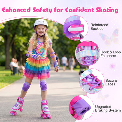 4 Sizes Adjustable Kids Roller Skates for Toddlers Ages 9-14 with 4 Light-up Wheels-Pink