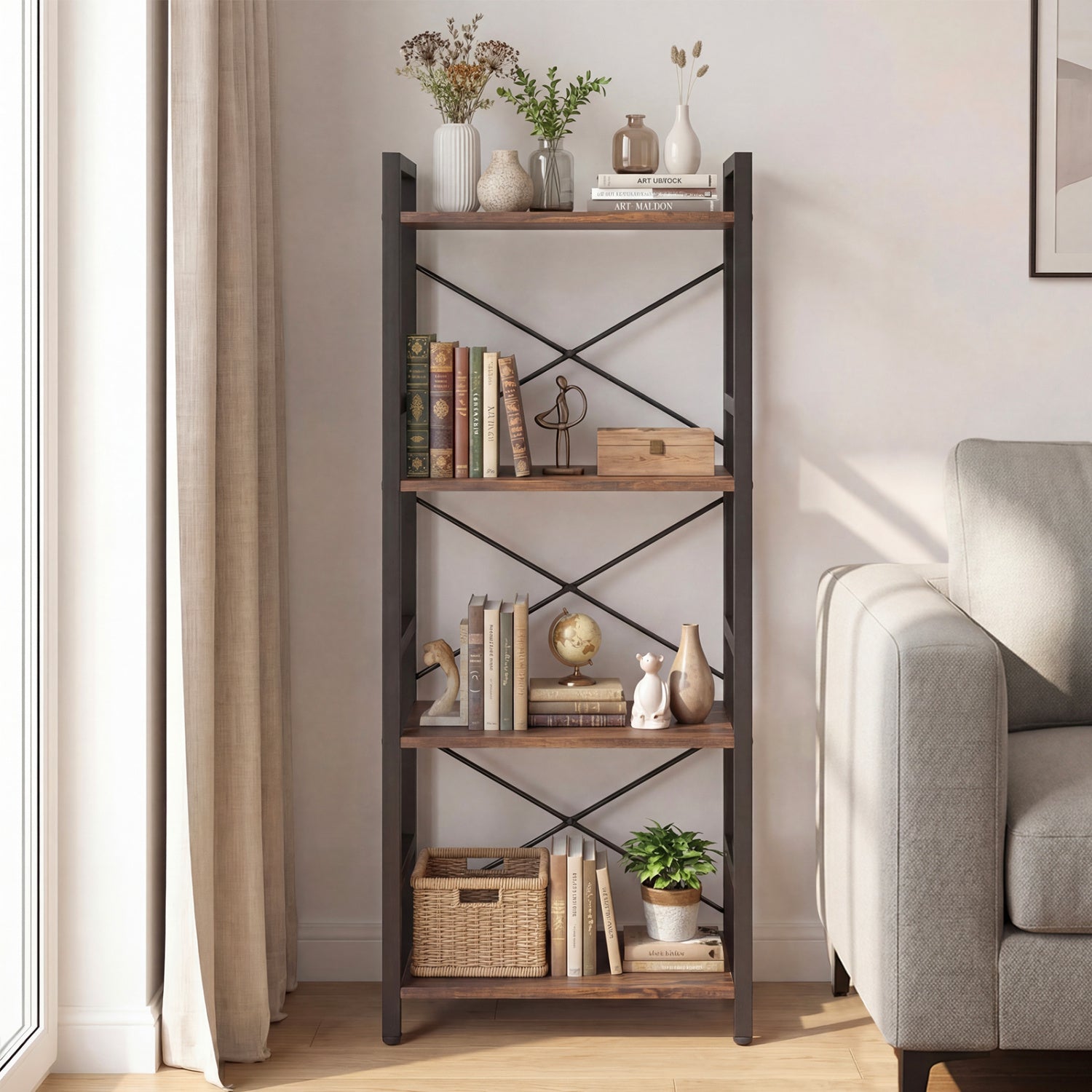 4-Tier Bookshelf Narrow Freestanding Display Shelf with Metal Frame-Rustic Brown