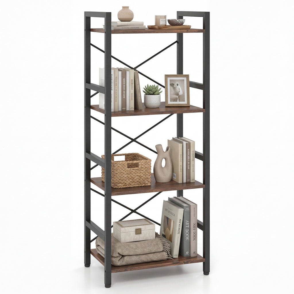 4-Tier Bookshelf Narrow Freestanding Display Shelf with Metal Frame-Rustic Brown