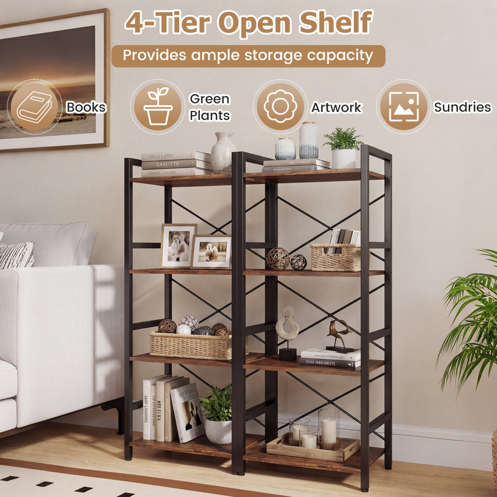 4-Tier Bookshelf Narrow Freestanding Display Shelf with Metal Frame-Rustic Brown