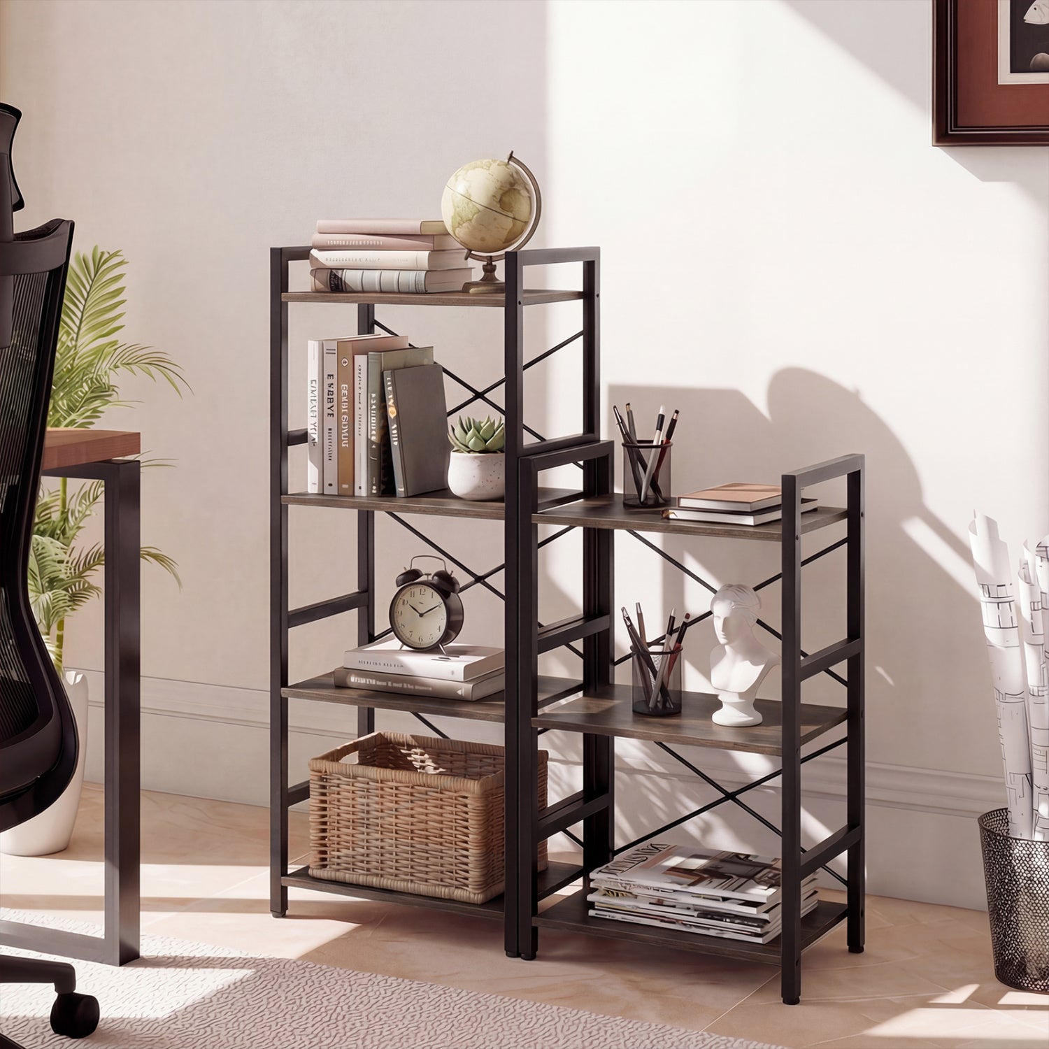 4-Tier Bookshelf Narrow Freestanding Display Shelf with Metal Frame-Oak