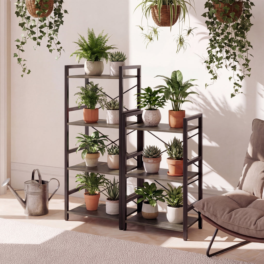 4-Tier Bookshelf Narrow Freestanding Display Shelf with Metal Frame-Oak