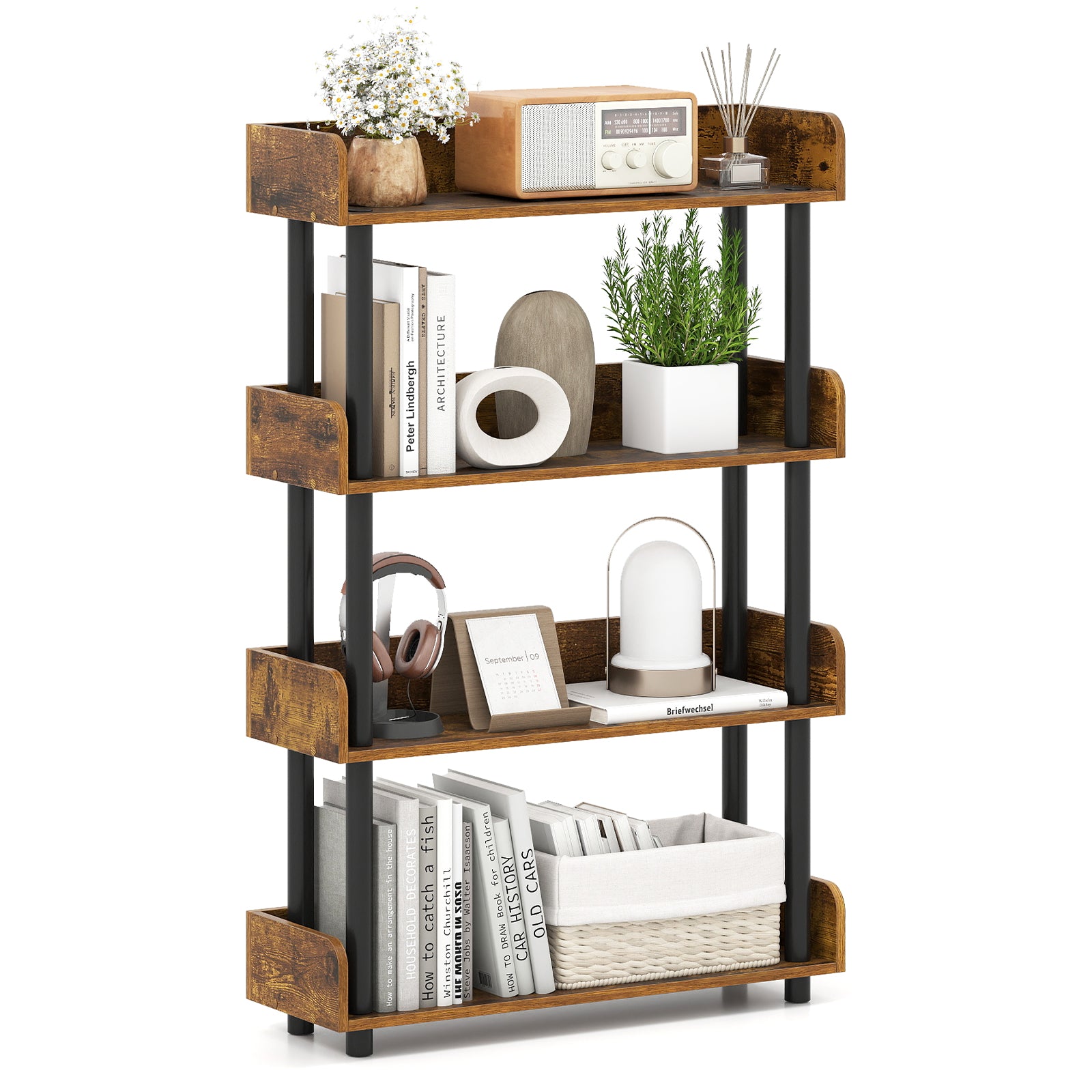4-Tier Bookshelf Open Bookcase with Anti-Tipping Kit Industrial Storage Unit-Rustic Brown