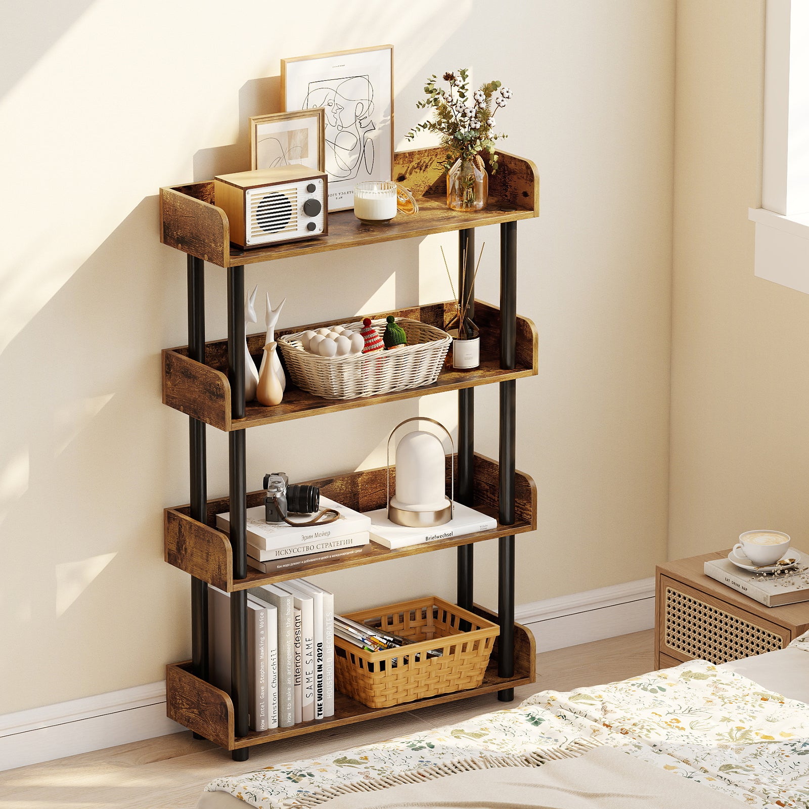 4-Tier Bookshelf Open Bookcase with Anti-Tipping Kit Industrial Storage Unit-Rustic Brown