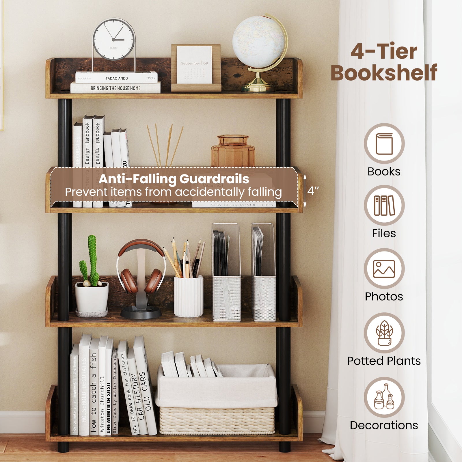 4-Tier Bookshelf Open Bookcase with Anti-Tipping Kit Industrial Storage Unit-Rustic Brown