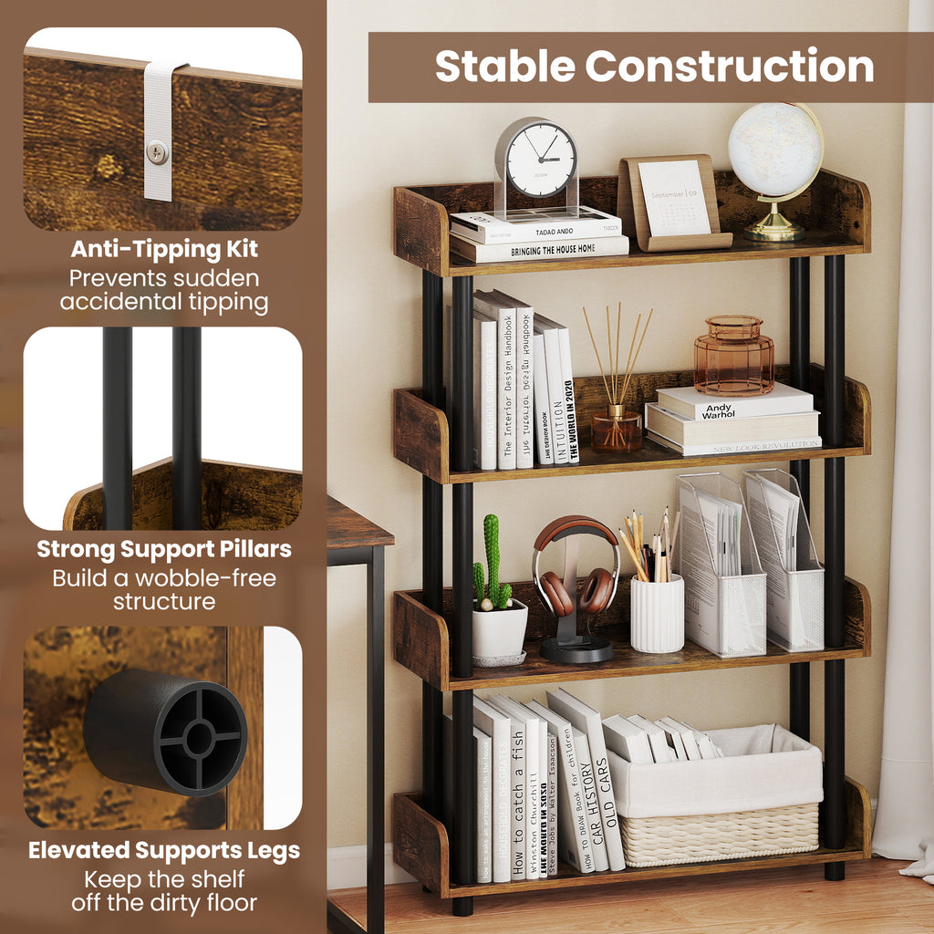 4-Tier Bookshelf Open Bookcase with Anti-Tipping Kit Industrial Storage Unit-Rustic Brown