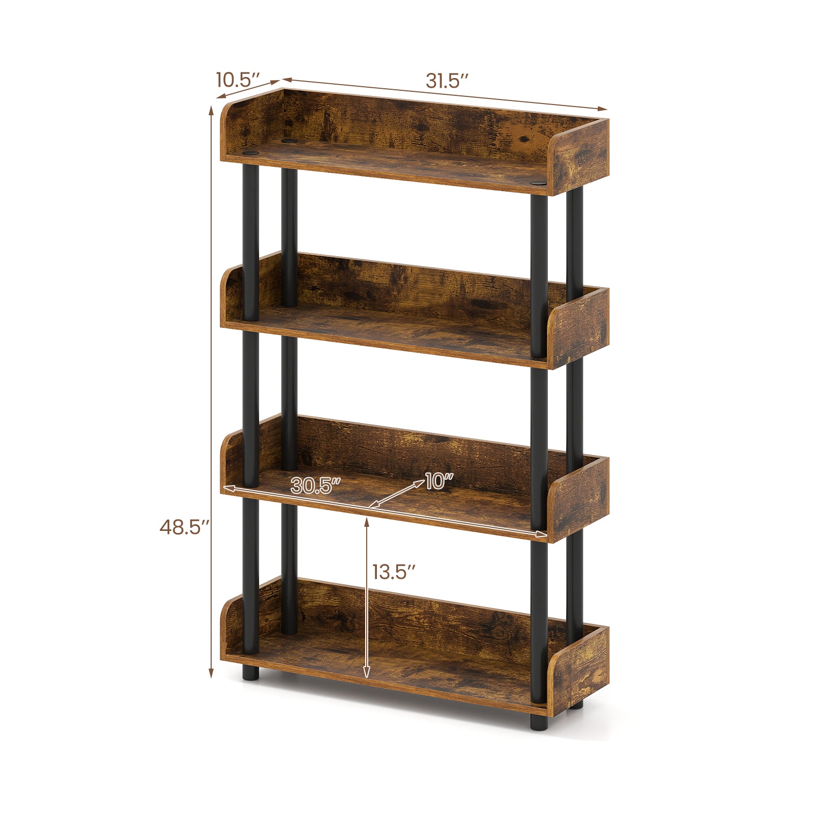 4-Tier Bookshelf Open Bookcase with Anti-Tipping Kit Industrial Storage Unit-Rustic Brown