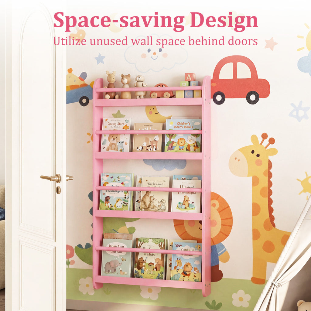 4-Tier Bookshelf Organizer for Toys and Books with Basswood Crossbar-Pink