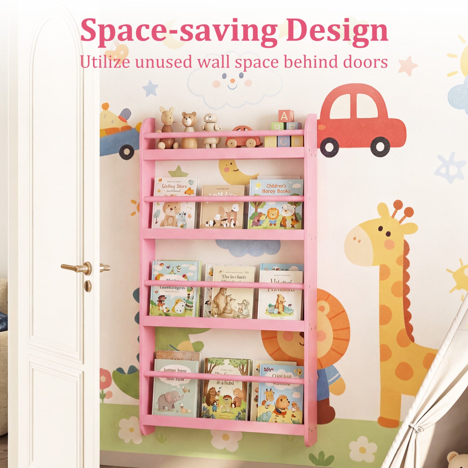 4-Tier Bookshelf Organizer for Toys and Books with Basswood Crossbar-Pink