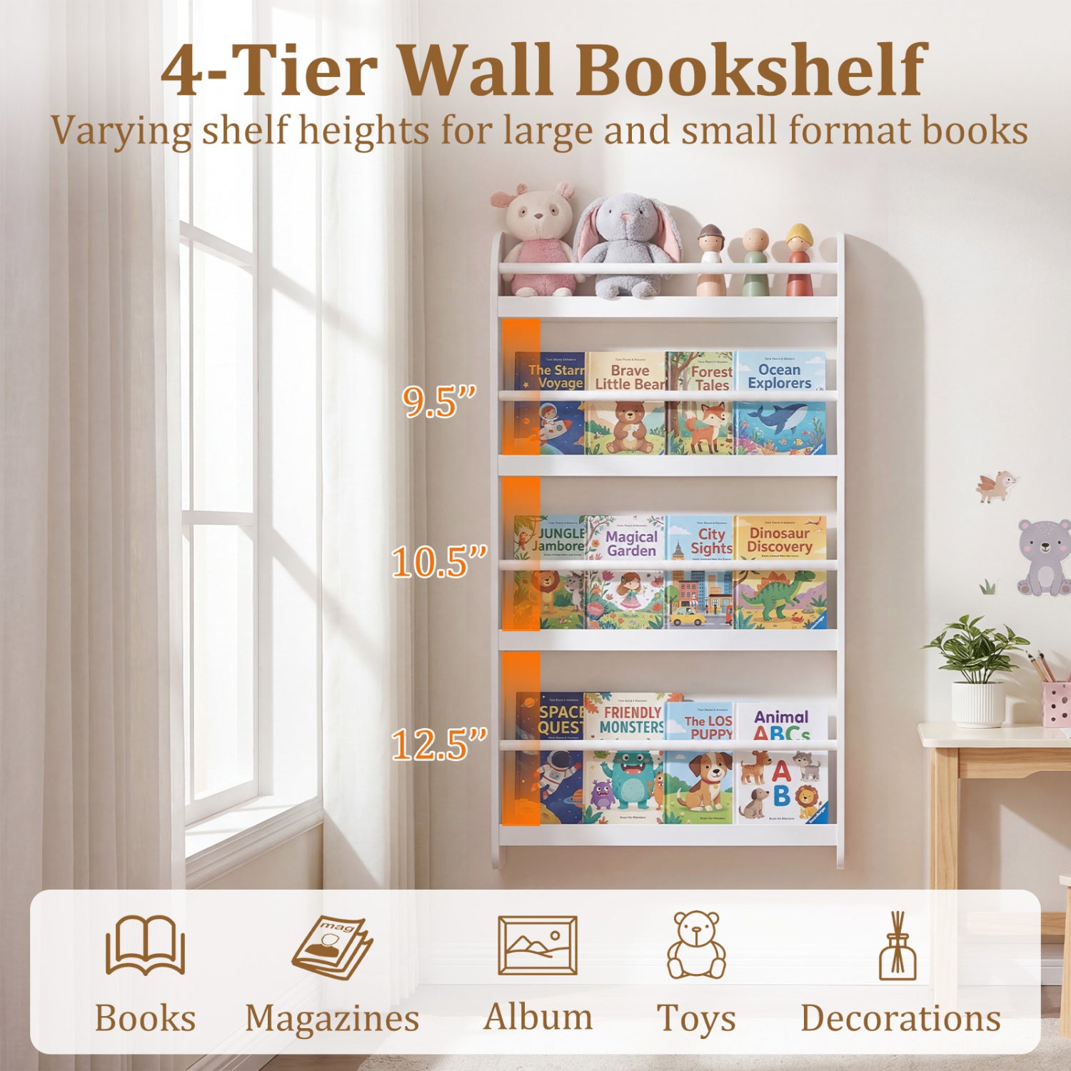 4-Tier Bookshelf Organizer for Toys and Books with Basswood Crossbar-White
