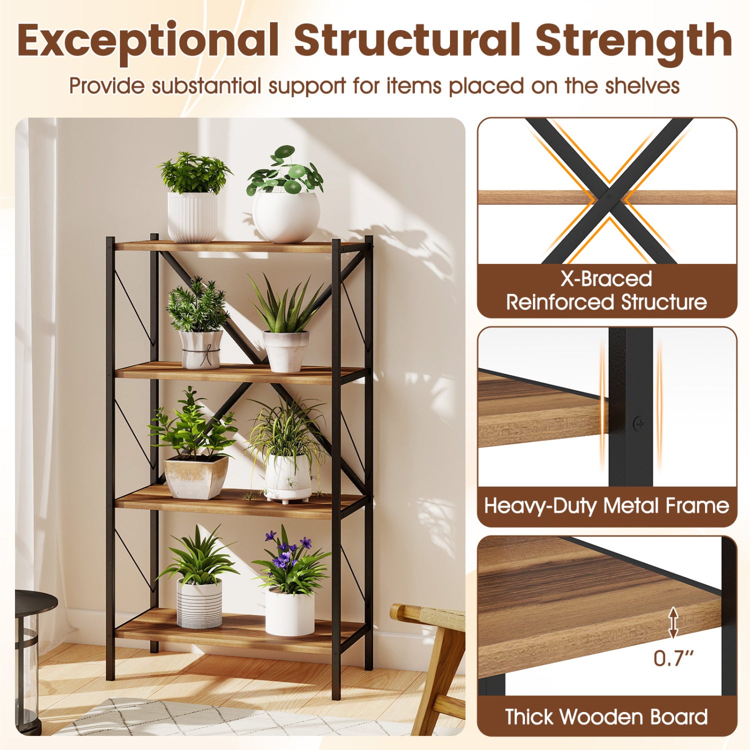 4-Tier Bookshelf with Heavy-Duty Metal Frame-Walnut