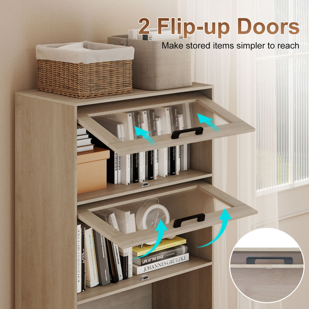 4-Tier Bookshelf with Storage Cabinets and Open Compartments-Natural