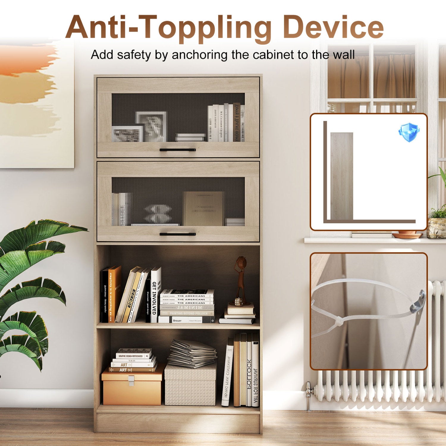 4-Tier Bookshelf with Storage Cabinets and Open Compartments-Natural