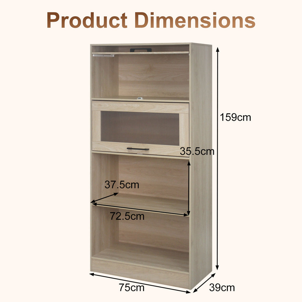 4-Tier Bookshelf with Storage Cabinets and Open Compartments-Natural